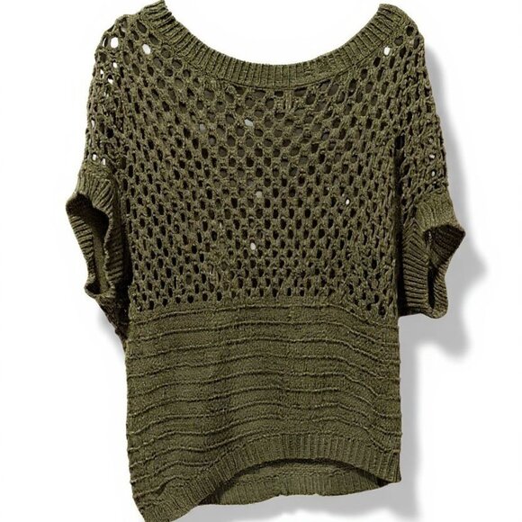 Left on Houston Open Knit Short Sleeve Sweater Olive Green M - Picture 1 of 2